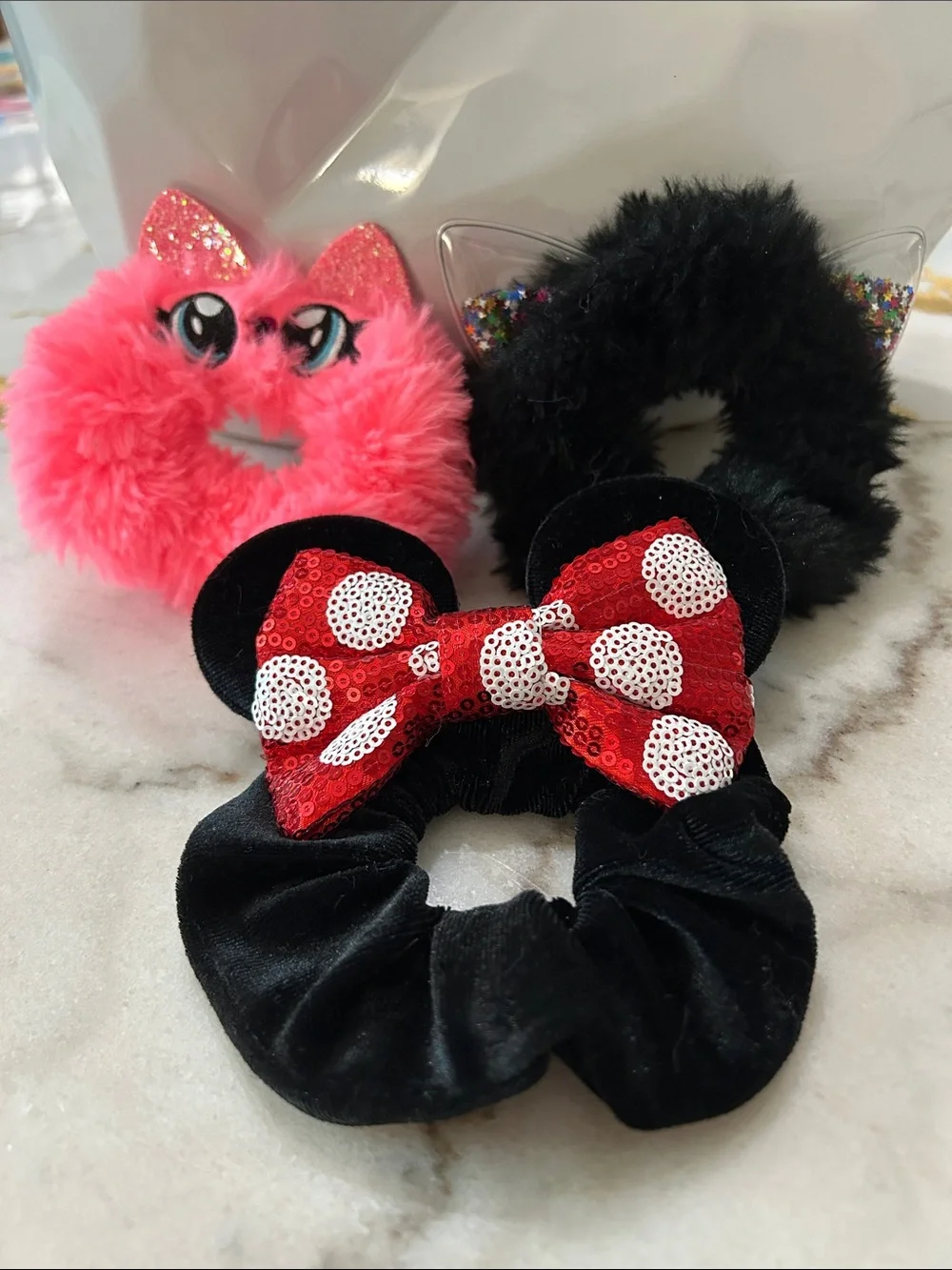 3-Cute Furry & Sequin Ear Scrunchies Set - Minnie Mouse Scruchie, Cat Scrunchies